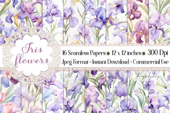 16 Seamless Purple Iris Flowers Patterns