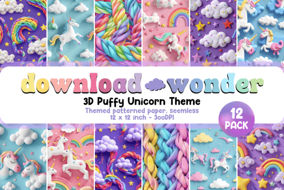 3D Unicorn Puffy Seamless Patterns