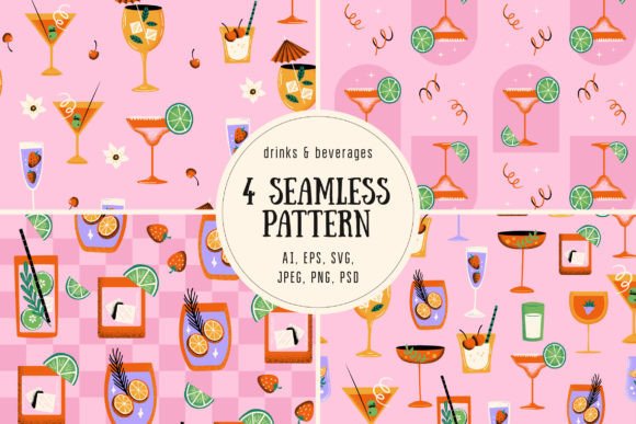 4 Cocktails Seamless Patterns for Designers and Creators