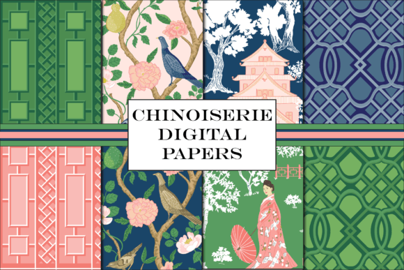 Chinoiserie Patterns Seamless Pink Blue and Chinoiserie Pattern Bundle - Blue Pink and Green