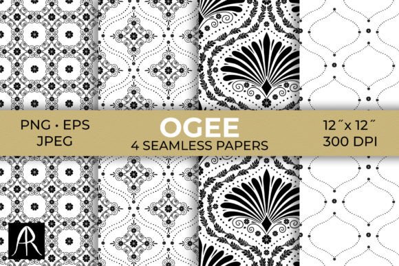 Monochrome Damask Geometric Patterns with Anthemion and Ogee Motifs